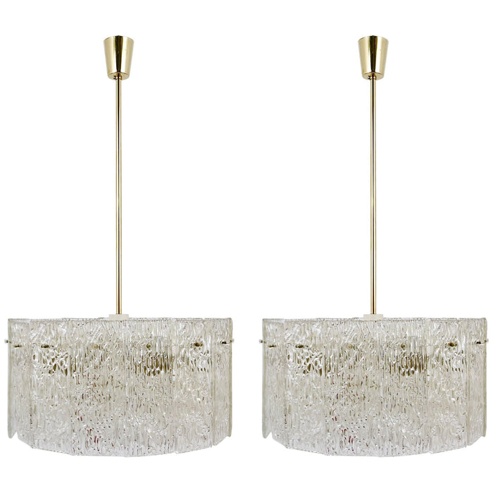 Kalmar Vienna Two Tambour Drum Brass & Glass Midcentury Chandeliers, 1960s