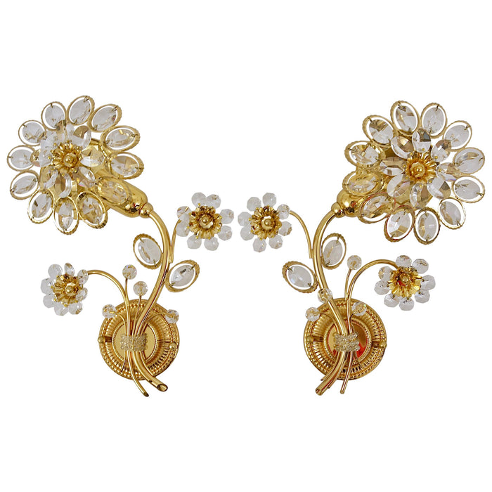 Pair of Ernst Palme Gilt Brass Crystal Flower Wall Lights, Palwa Germany, 1970s
