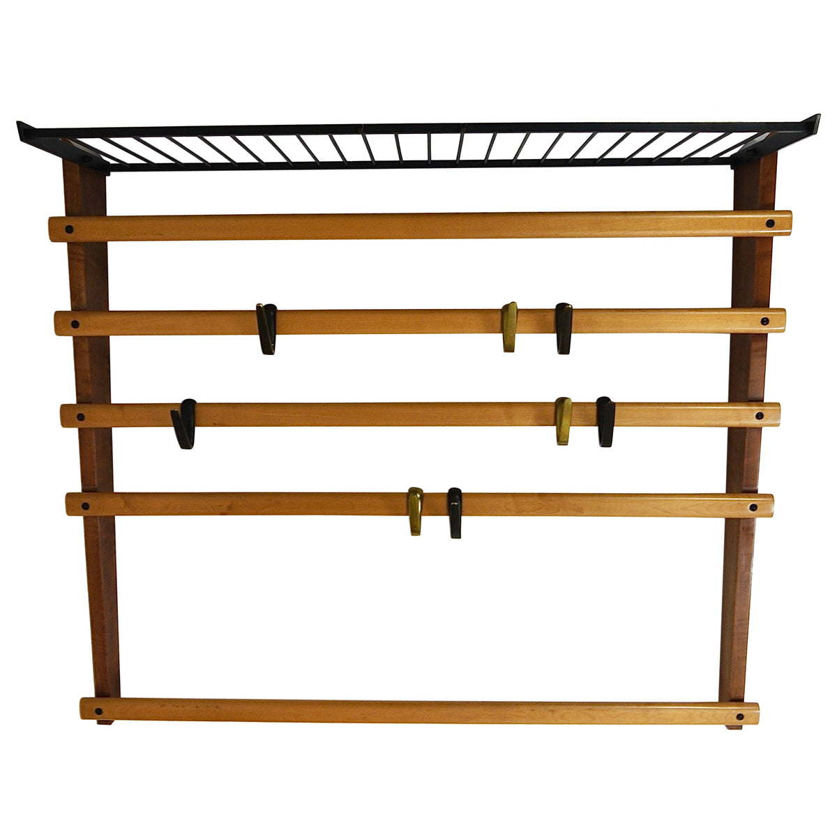 Rare Carl Auböck Coat Rack With Hat Rack, Wardrobe, Brass, Walnut & Beech, 1950s