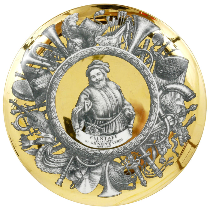 Piero Fornasetti Gilded Plate Falstaff by Guiseppe Verdi, Italy, 1970s