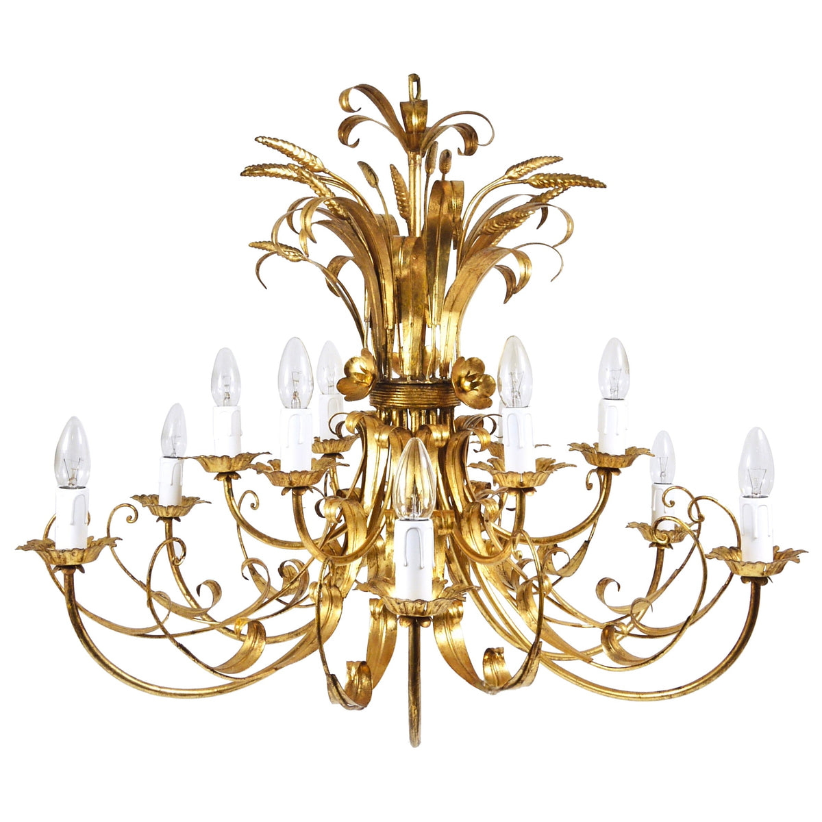 Lustre XL Hollywood Regency en fer doré Hans Kögl, bouquet floral de blé, années 1970