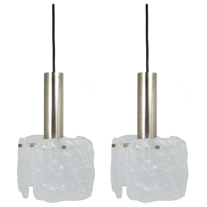 J.T. Kalmar 2x Frosted Ice Glass Panel Pendant Lamp, Austria, 1960s