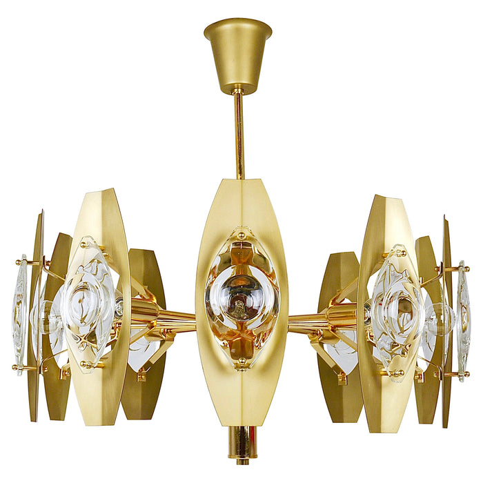 Oscar Torlasco 25“ Brass Chandelier with Optical Prism Lenses, Italy, 1970s