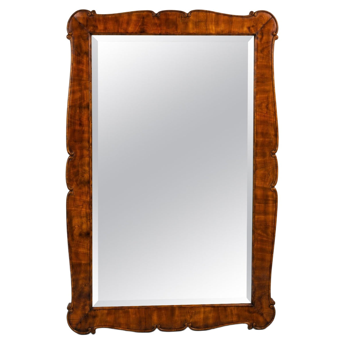 Large 59" Biedermeier Carved & Scalloped Cherry Wood Wall Mirror, Vienna, 1850