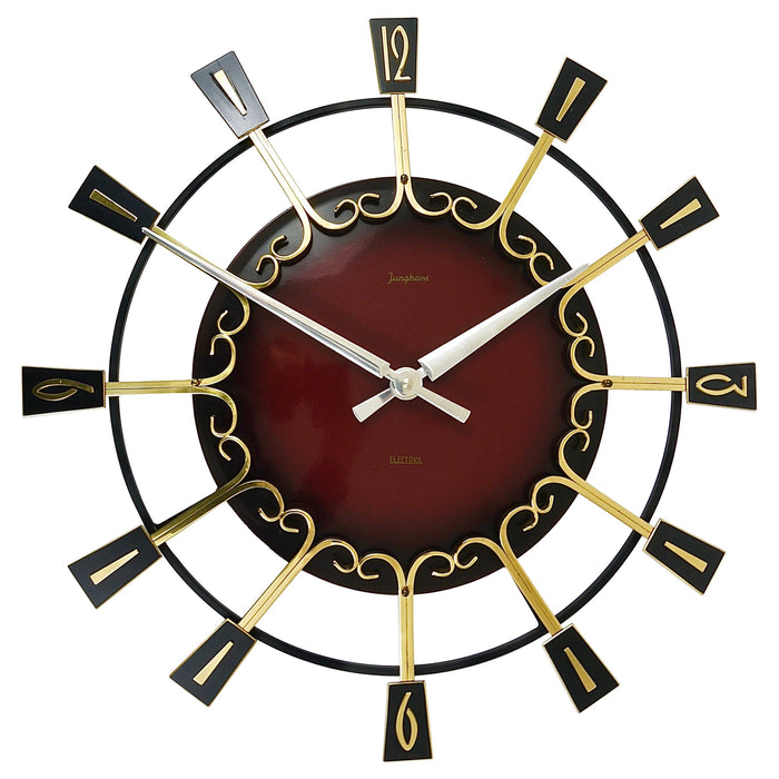 Large Mid-Century Junghans Sunburst Brutalist Brass Wall Clock, Germany, 1950s