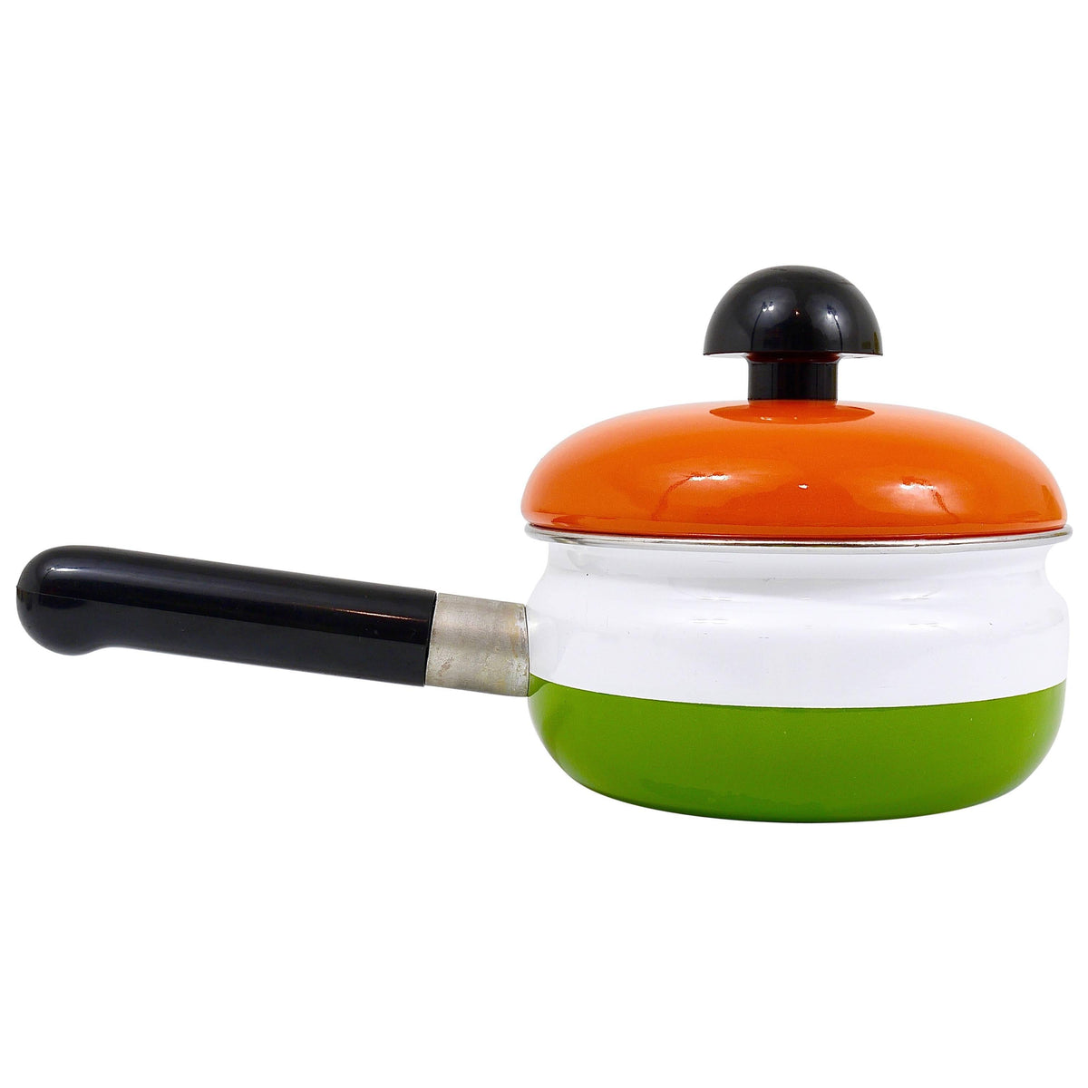 Pentola smaltata con coperchio Carl Aubock, realizzata da Riess, arancione, bianco, verde, Austria, anni 1970