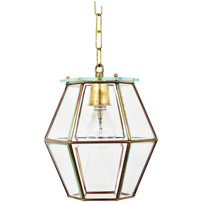Fontana Arte Style Pendant Lamp Lantern, Brass & Facetted Glass, Italy, 1940s