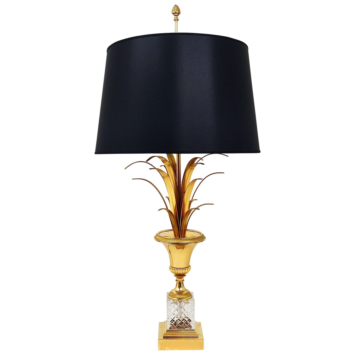 Hollywood Regency Tischlampe „Ananasblatt“ aus vergoldetem Messing und Glas, Frankreich, 1970er-Jahre