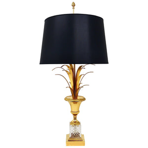 Hollywood Regency Tischlampe „Ananasblatt“ aus vergoldetem Messing und Glas, Frankreich, 1970er-Jahre