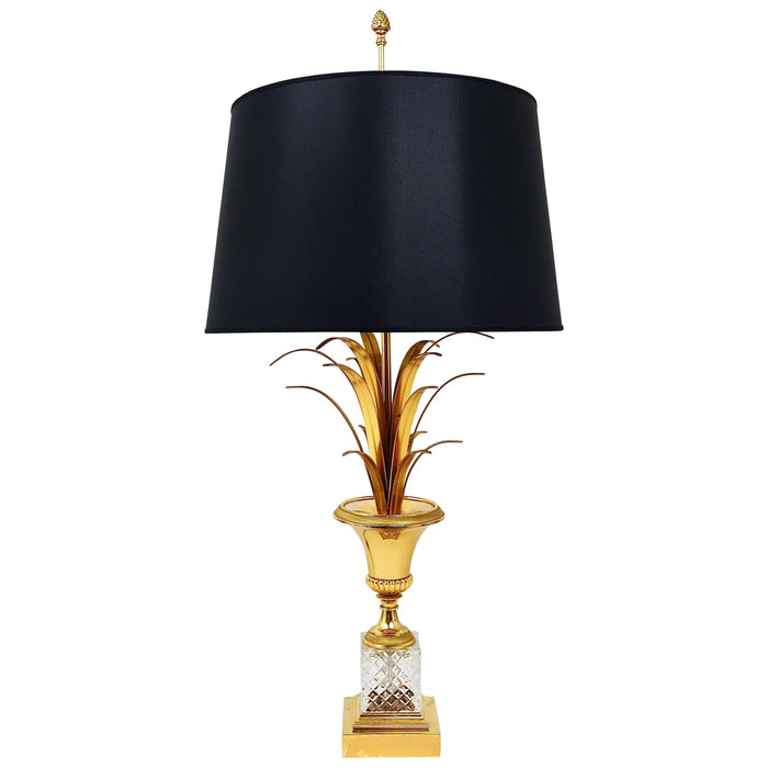 Hollywood Regency Pineapple Leaf Gilt Brass and Glass Table Lamp, France, 1970s