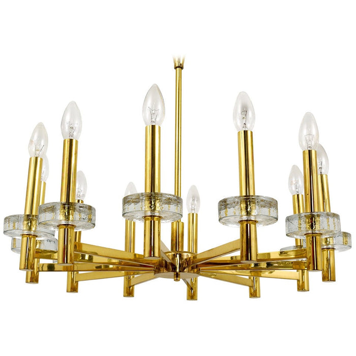 Gaetano Sciolari Style Brass & Glass Discs Chandelier, Mid-Century, Italy, 1970s