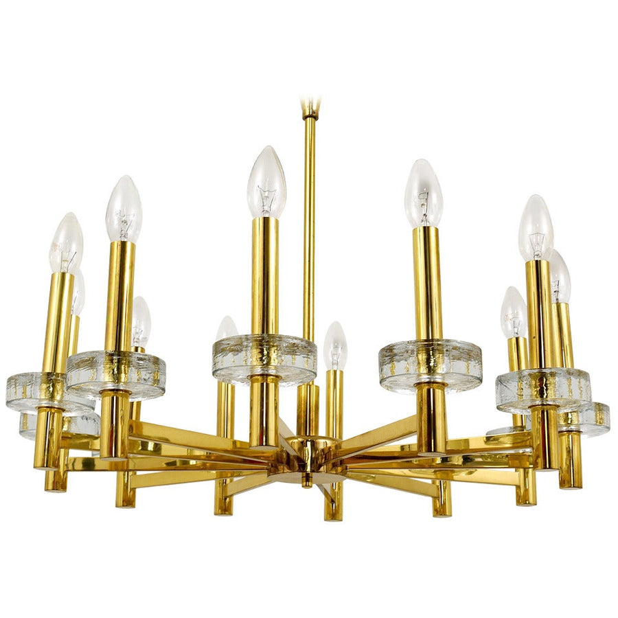 Gaetano Sciolari Style Brass & Glass Discs Chandelier, Mid-Century, Italy, 1970s