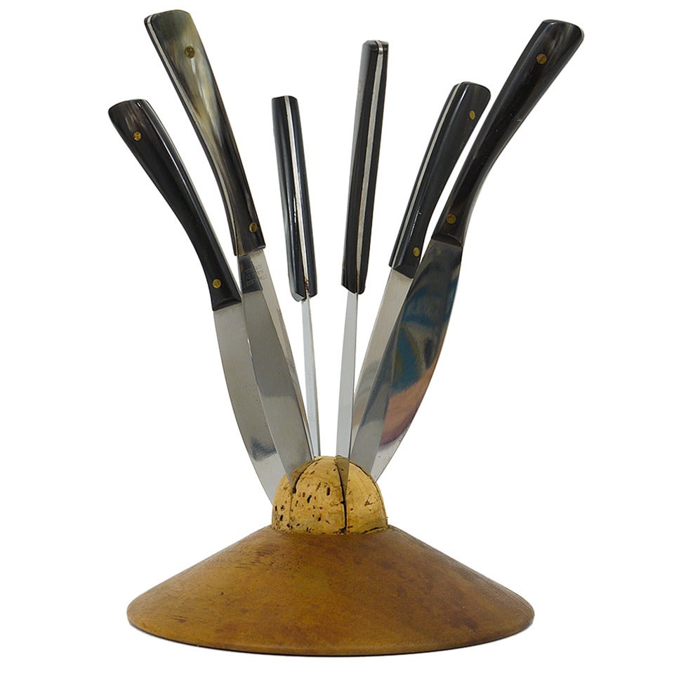 Carl Aubock II Walnut Knife Holder with 6 Amboss Knives, Austria, 1950s