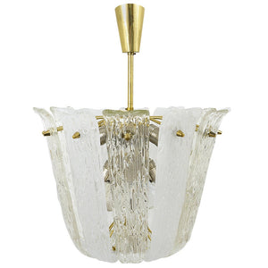 J.T. Kalmar Brass & Textured Glass Mid-Century Basket Chandelier, Austria, 1950s