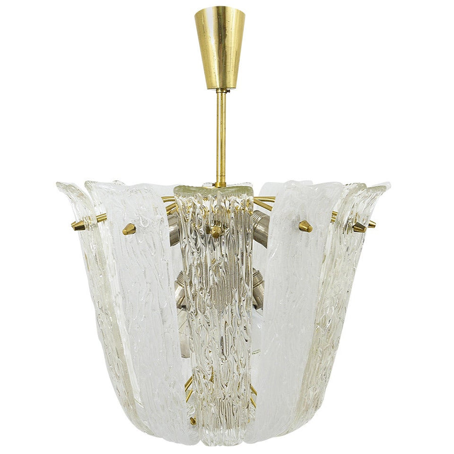 J.T. Kalmar Brass & Textured Glass Mid-Century Basket Chandelier, Austria, 1950s