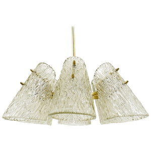 J.T. Kalmar Brass Chandelier, With Textured Glass Cone Lampshades, Austria, 1950