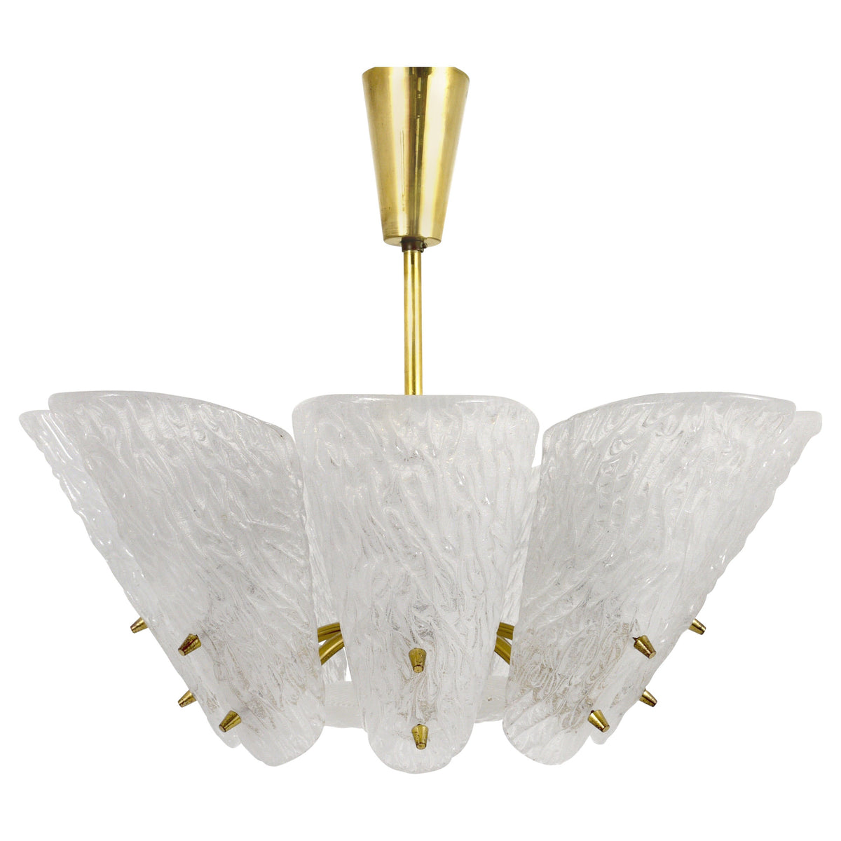J. T. Kalmar Midcentury Brass Chandelier, White Textured Glass , 1950s