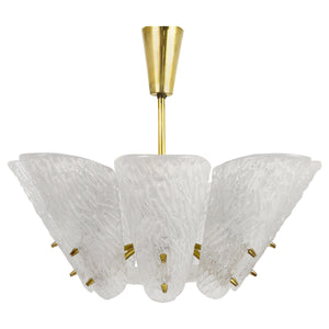 J. T. Kalmar Midcentury Brass Chandelier, White Textured Glass , 1950s