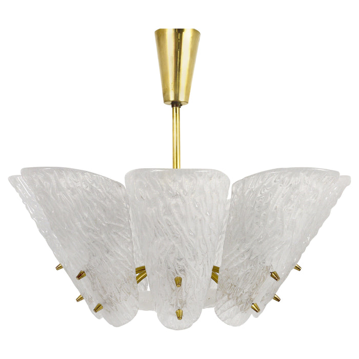 J. T. Kalmar Midcentury Brass Chandelier, White Textured Glass , 1950s