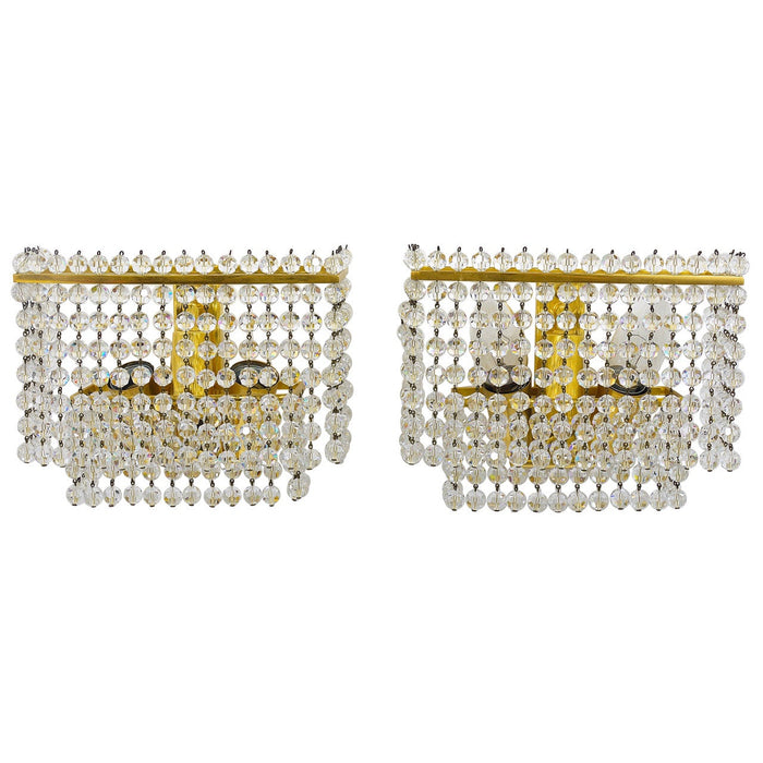 Lobmeyr Pair Square Gold-Plated Brass Sconces with Hand-Cut Crystals, 1970s