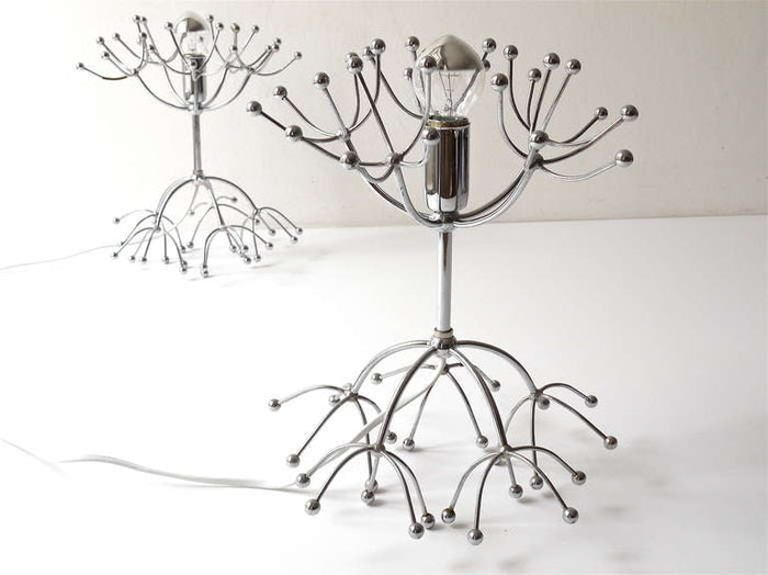 Two Gaetano Sciolari Chrome Sputnik Side or Table Lamps, Midcentury Italy, 1960s