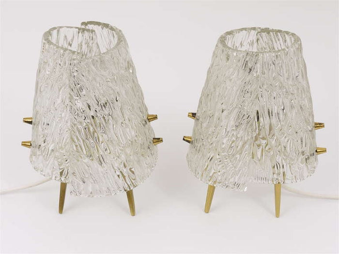 Pair J.T. Kalmar Brass & Textured Glass Mid-Century Table Lamps, Austria, 1950s