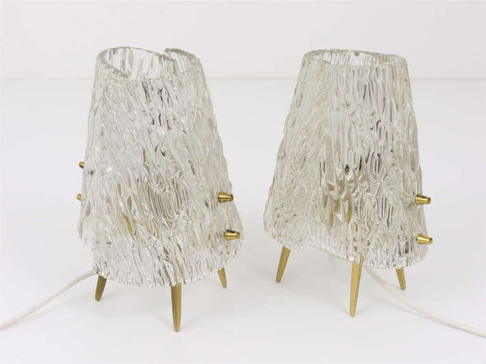 Pair J.T. Kalmar Brass & Textured Glass Mid-Century Table Lamps, Austria, 1950s