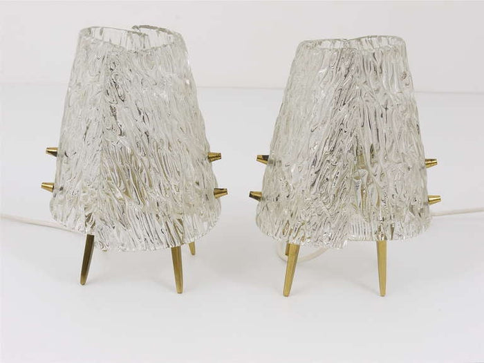 Pair J.T. Kalmar Brass & Textured Glass Mid-Century Table Lamps, Austria, 1950s