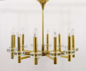 Gaetano Sciolari Style Brass & Glass Discs Chandelier, Mid-Century, Italy, 1970s