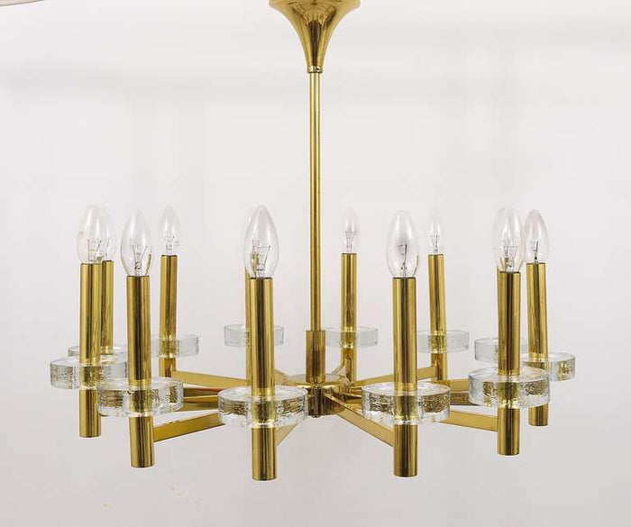 Gaetano Sciolari Style Brass & Glass Discs Chandelier, Mid-Century, Italy, 1970s