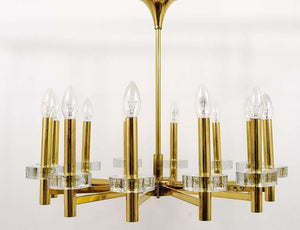 Gaetano Sciolari Style Brass & Glass Discs Chandelier, Mid-Century, Italy, 1970s