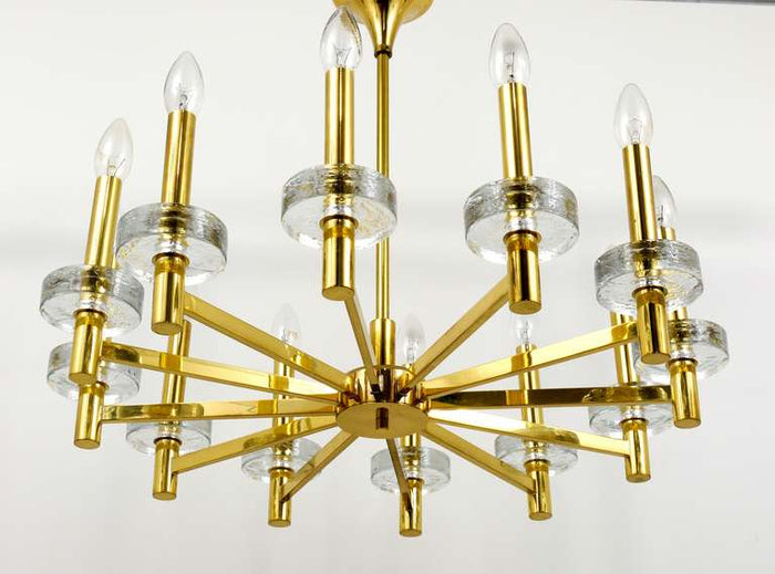 Gaetano Sciolari Style Brass & Glass Discs Chandelier, Mid-Century, Italy, 1970s