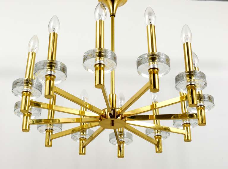 Lustre à disques en laiton et verre dans le style de Gaetano Sciolari, Mid-Century, Italie, années 1970
