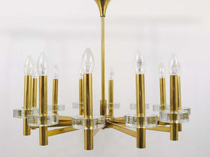 Gaetano Sciolari Style Brass & Glass Discs Chandelier, Mid-Century, Italy, 1970s