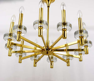 Gaetano Sciolari Style Brass & Glass Discs Chandelier, Mid-Century, Italy, 1970s