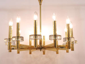 Gaetano Sciolari Style Brass & Glass Discs Chandelier, Mid-Century, Italy, 1970s