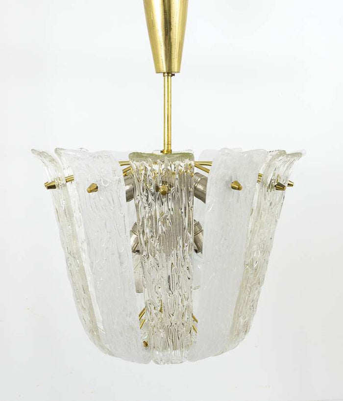 J.T. Kalmar Brass & Textured Glass Mid-Century Basket Chandelier, Austria, 1950s