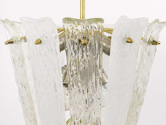 J.T. Kalmar Brass & Textured Glass Mid-Century Basket Chandelier, Austria, 1950s
