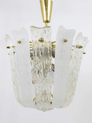 J.T. Kalmar Brass & Textured Glass Mid-Century Basket Chandelier, Austria, 1950s