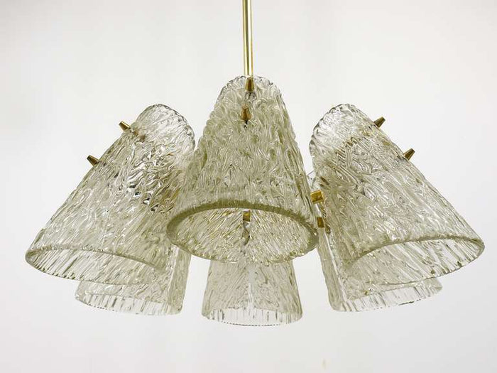 J.T. Kalmar Brass Chandelier, With Textured Glass Cone Lampshades, Austria, 1950