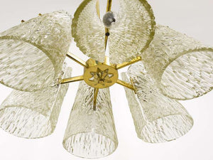 J.T. Kalmar Brass Chandelier, With Textured Glass Cone Lampshades, Austria, 1950