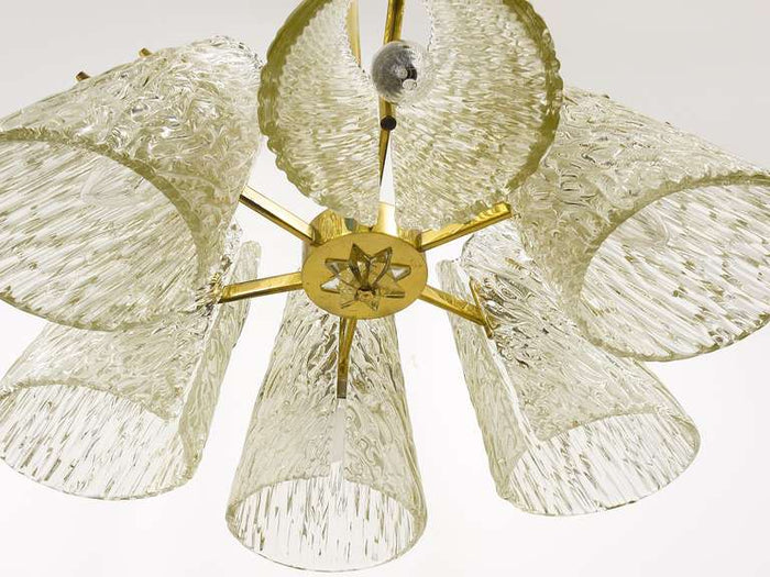 J.T. Kalmar Brass Chandelier, With Textured Glass Cone Lampshades, Austria, 1950
