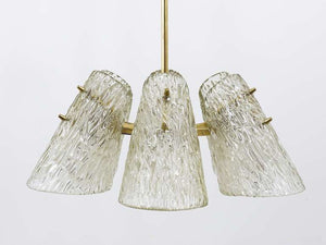 J.T. Kalmar Brass Chandelier, With Textured Glass Cone Lampshades, Austria, 1950