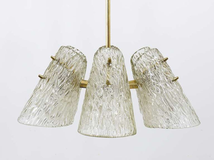 J.T. Kalmar Brass Chandelier, With Textured Glass Cone Lampshades, Austria, 1950