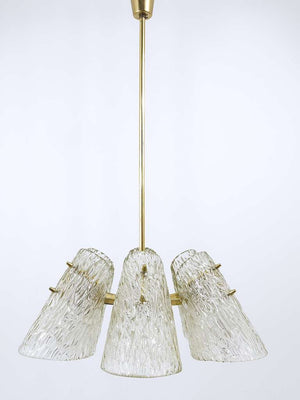 J.T. Kalmar Brass Chandelier, With Textured Glass Cone Lampshades, Austria, 1950