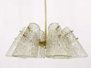J.T. Kalmar Brass Chandelier, With Textured Glass Cone Lampshades, Austria, 1950