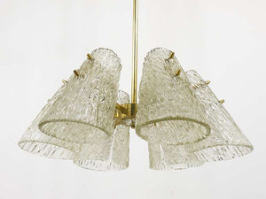 J.T. Kalmar Brass Chandelier, With Textured Glass Cone Lampshades, Austria, 1950