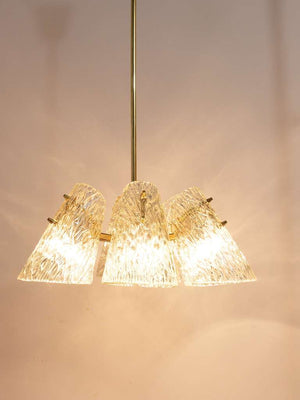 J.T. Kalmar Brass Chandelier, With Textured Glass Cone Lampshades, Austria, 1950
