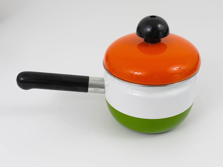 Carl Aubockデザイン、Riess製造のエナメル蓋付きポット、オレンジ、ホワイト、グリーン、オーストリア、1970年代