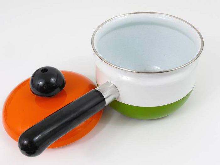 Carl Aubock Enameled Pot with Lid by Riess, Orange, White, Green, Austria, 1970s